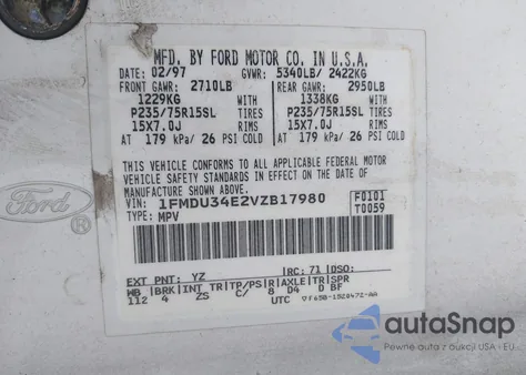 1997 Ford Explorer Eddie Bauer/Limited/Xl/Xlt из США, поврежденный, VIN 1FMDU34E2VZB17980